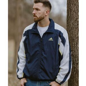 VTG Adidas 3 Stripe Full Zip Windbreaker Jacket Mens Size XL Wooshing 90s Navy